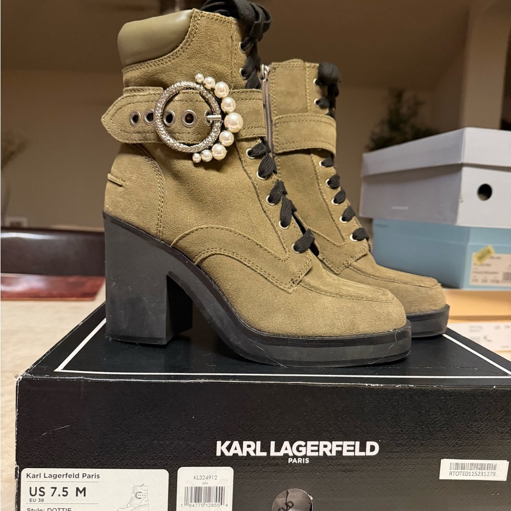 Karl Lagerfeld Khaki Lace Up Boots with Pearl Buckle
